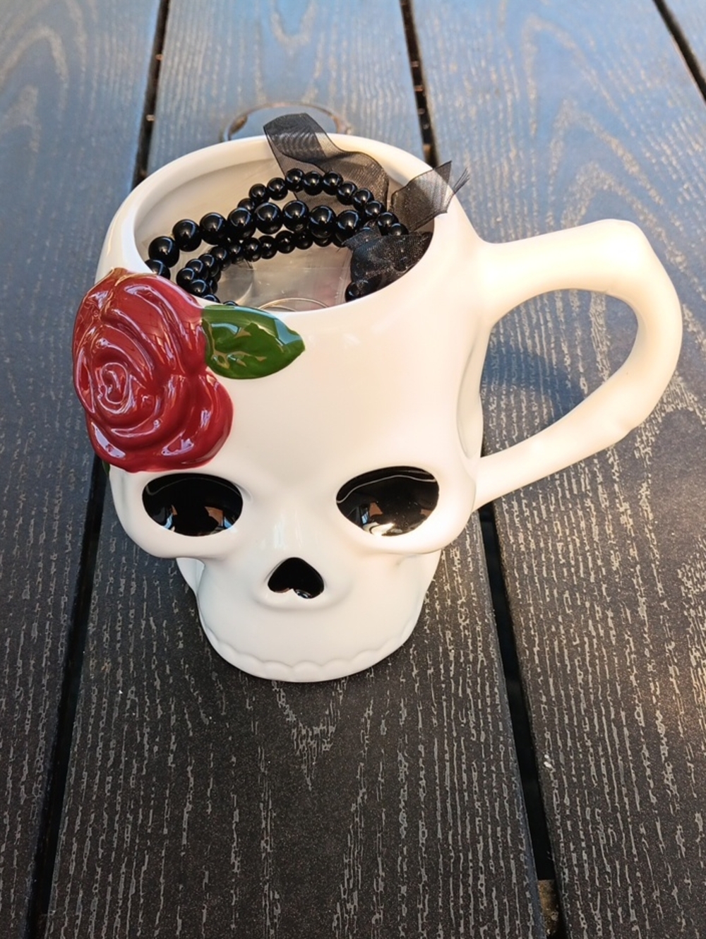 Large White Skull Mug with Red Rose Gothic Jewelry Jar